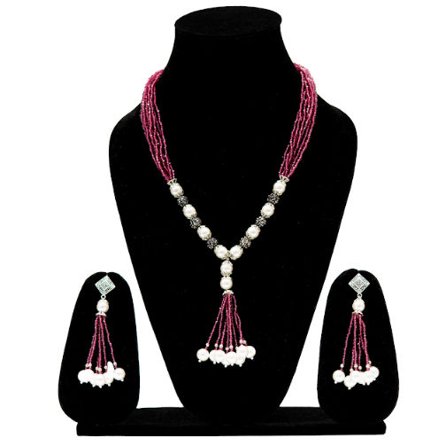 Berry Pink Beaded Long Necklace Set with Pearls